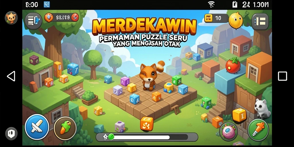 Screenshot utama gameplay MENDEKAWIN yang menggambarkan tantangan Puzzle.